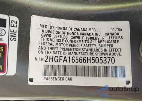 2006 Honda Civic Lx from USA, damaged, VIN 2HGFA16566H505370